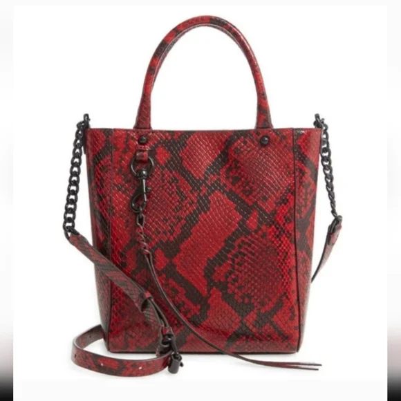 🆕 REBECCA MINKOFF "RED APPLE" SNAKE SKIN EMBOSSED LEATHER CROSSBODY CHAIN TOTE - Picture 1 of 12